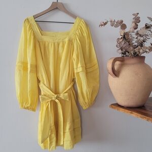Banana Republic Lemon Yellow Cotton Ramie Puff Sleeve Mini Dress CottageSz L NWT